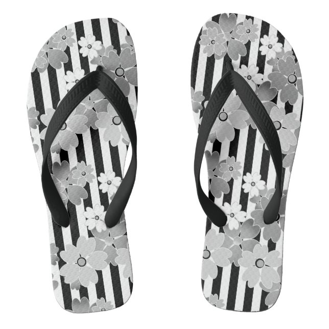 Tongs Motif floral noir et blanc rétro rayé (Semelle)