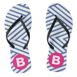 Tongs Motif rayé bleu abstrait avec monogramme rose