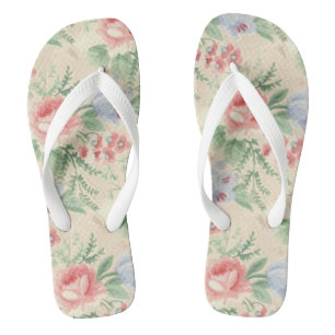 Tongs Motif rose vintage et fleurs bleues
