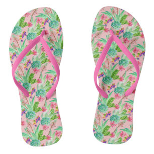 Tongs Motif Succulent de l'aquarelle en floraison