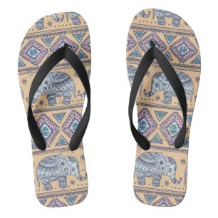 Tongs Motif tribal d'éléphant ethnique bleu