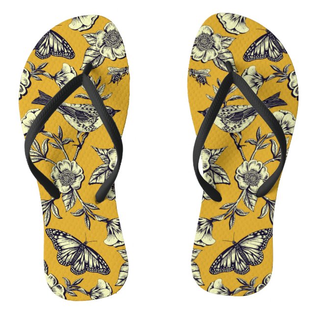 Tongs Moutarde Jaune et Oiseaux de la Marine, Papillons  (Semelle)