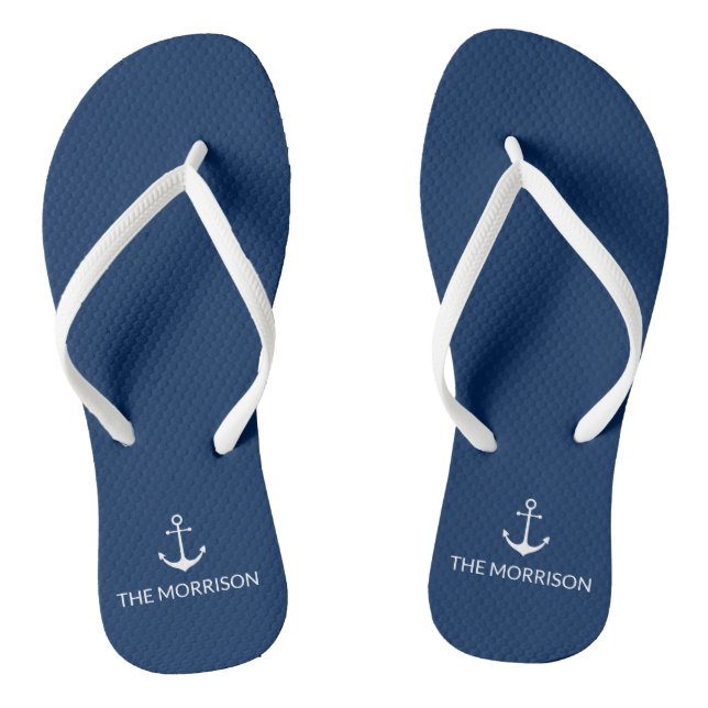 Tongs Nautical Custom Boat Name ancre marine bleu blanc (Semelle)