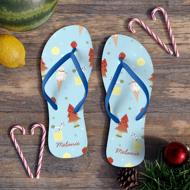 Tongs Noël en juillet Motif d'été bleu (Ideal for your beach vacation during summer or Christmas, these can be customized with your name)
