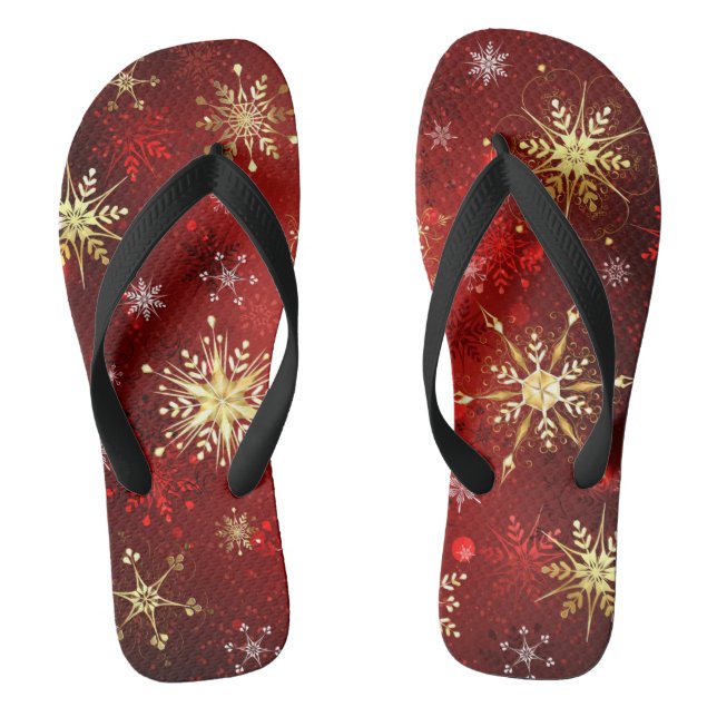 Tongs Noël Golden Snowflakes sur Arrière - plan rouge (Semelle)