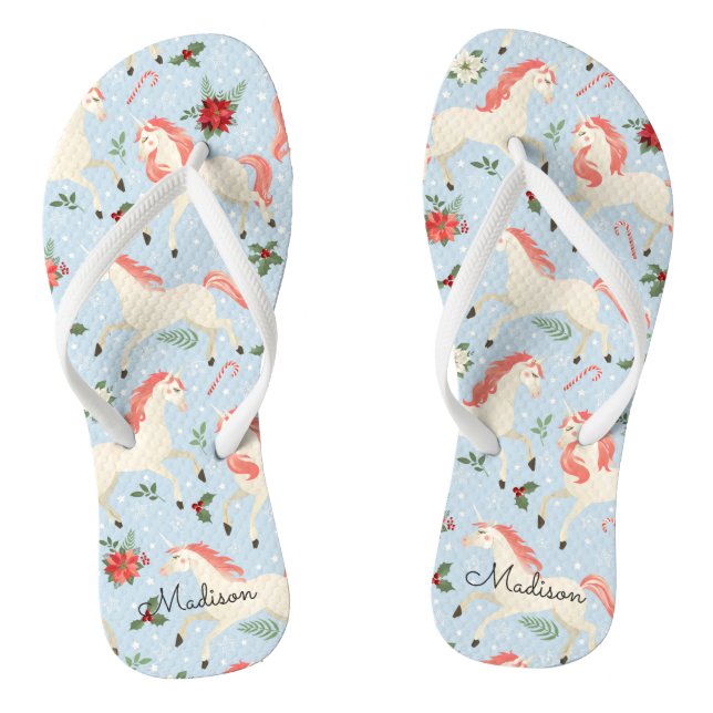 Tongs Noël Unicornes mignonne Moderne Fille Nom Floral (Semelle)
