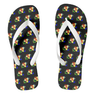 Tongs noir inhabituel avec motif de fleurs jaune et roug