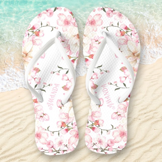 Tongs Nom de la fleur de cerisier rose blanc (Floral Cherry Blossom Name Pink Flip Flops)