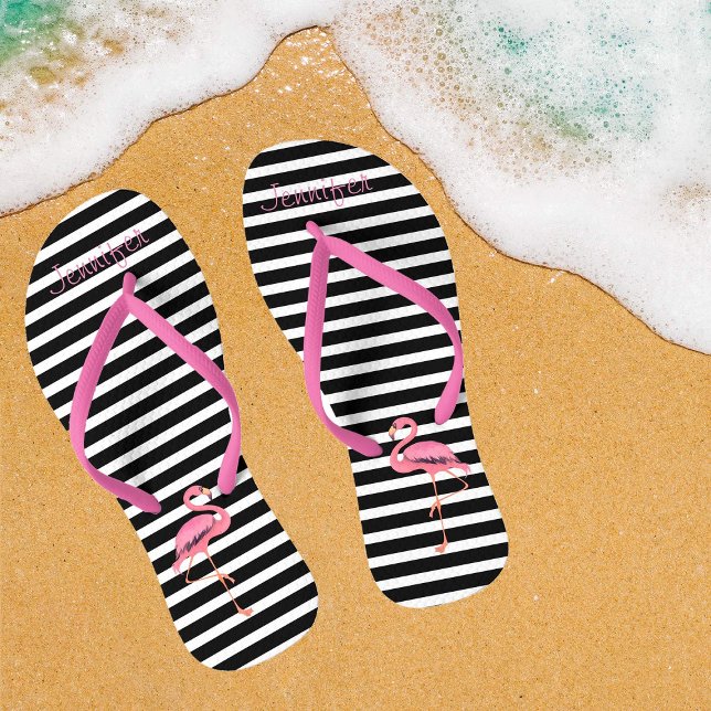 Tongs Nom de la Personnaliser Flamant rose rose (Customized Pink Flamingo Flip Flops)