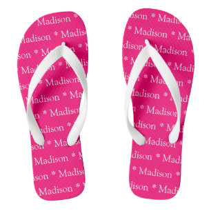 Tongs Nom personnalisé texte rose fuchsia blanc motif