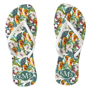 Tongs Oiseau et monogramme exotique du motif de fleur  