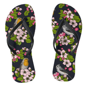Tongs Oiseaux et fleurs en noir