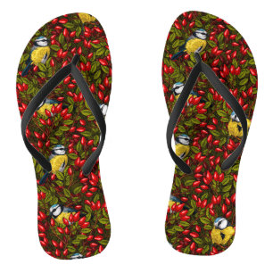 Tongs Oiseaux et hanches roses de chien, vert et rouge