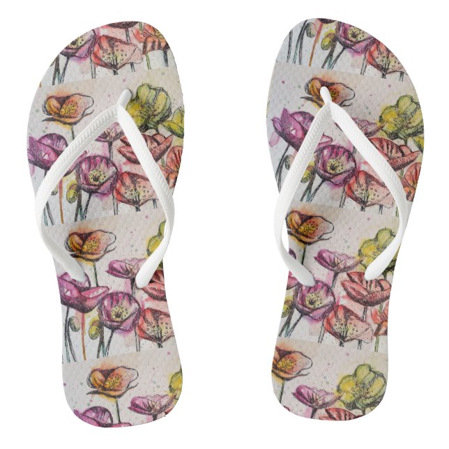 Tongs Orange Rouge Violet Poppies Fleurs Florales Dames (Semelle)