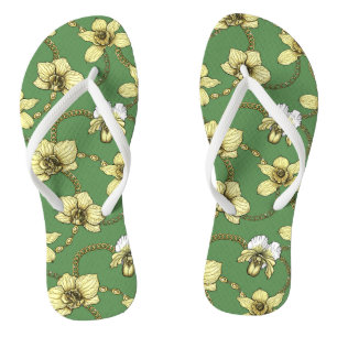 Tongs Orchidées et chaînes, jaune et vert kelly