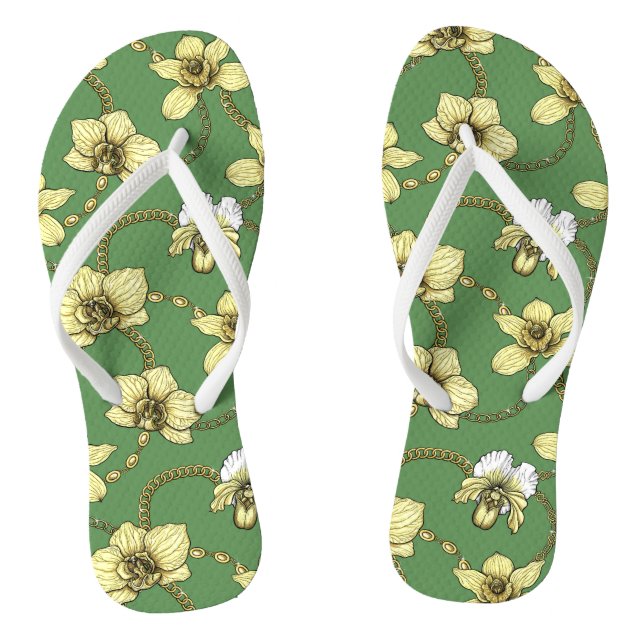 Tongs Orchidées et chaînes, jaune et vert kelly (Semelle)