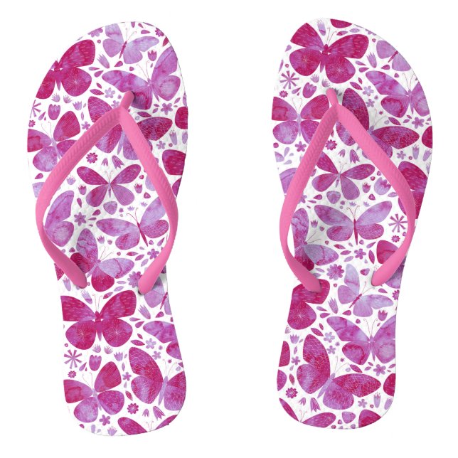 Tongs Pantoufles roses aquarelle papillons (Semelle)