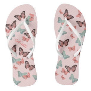 Tongs Papillon Motif Coral rose & Turquoise - Personnali