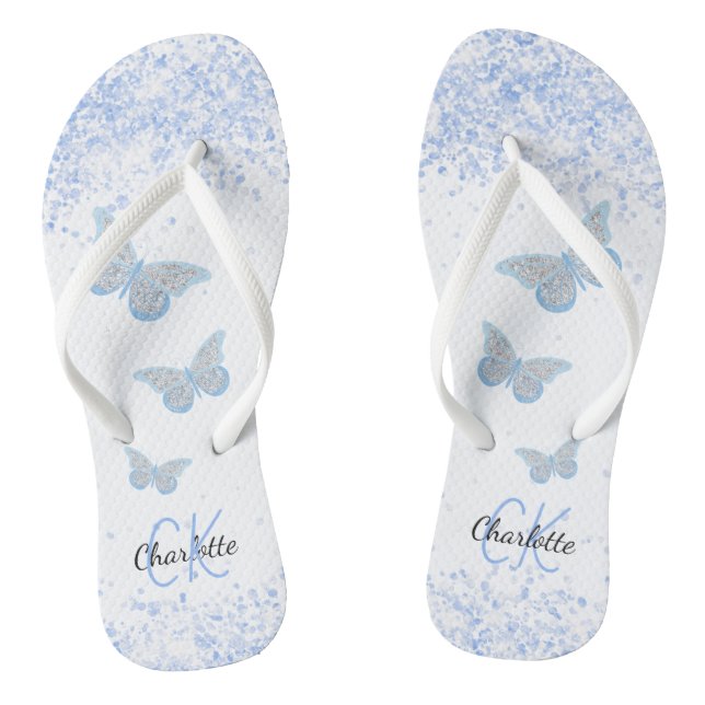 Tongs Papillons bleus parties scintillant nom blanc mono (Semelle)