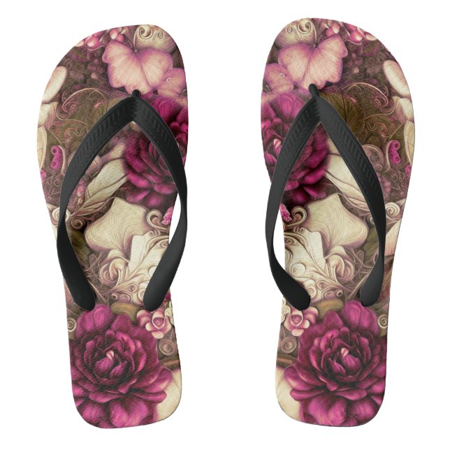 Tongs Papillons et roses en collage décoratif (Semelle)