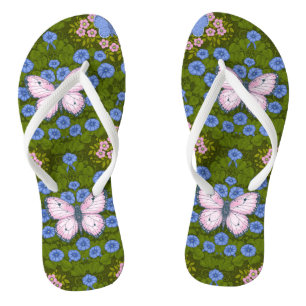 Tongs Papillons et symétrie des fleurs, bleu et rose