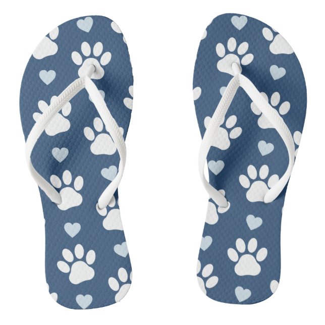 Tongs Pattern of paws, Dog paws, White paws, Blue Hearts (Semelle)