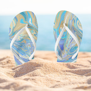 Tongs Pearlescent Aqua & Gold en marbre liquide