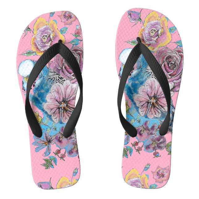 Tongs Perroquets bleus perroquet rose rose motif floral (Semelle)