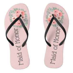 Tongs Pink Green Floral Maid of Honor Flip Flops