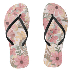 Tongs Pink Sage Vert Floral Feuille Motif d'aquarelle