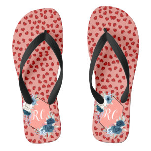 Tongs Poussière Bleue Élégante Fleurs & Cœurs Rouges Mon