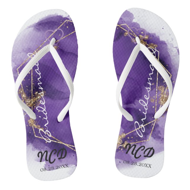 Tongs Purple Lavender Gold Bridesmaid Favoriser Monogram (Semelle)