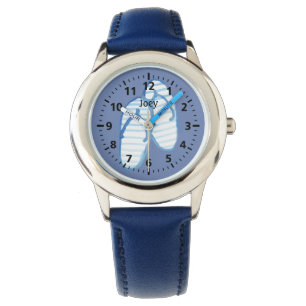 Tongs rayées bleues sur montre personnalisée bleue