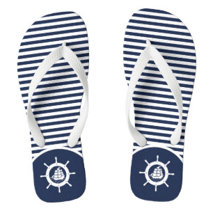 Tongs Rayures blanches et bleues & gouvernail de bateau