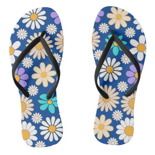 Tongs Retro Daisy Motif Simple.01. BG bleu
