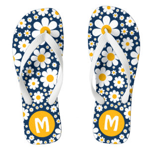 Tongs Rétro floral personnalisé bleu vintage des années
