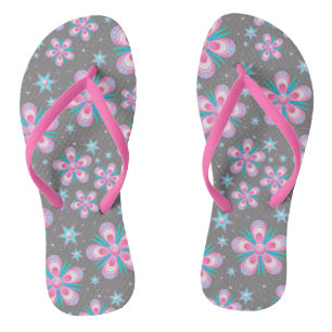 Tongs Rétro Pastel Rose Fleurs Artistiques Élégantes