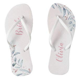 Tongs Rose Gold Dusty Blue Greenery mariée Flip Flops