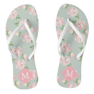 Tongs Roses Vintages rose et menthe Monogramme