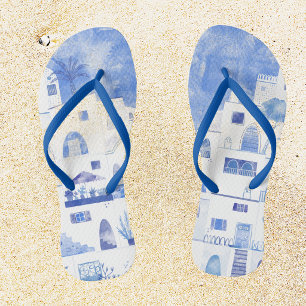 Tongs Santorin Grèce Aquarelle Bleu Blanc