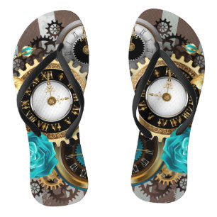 Tongs Steampunk Clock and Turquoise Roses on Striped