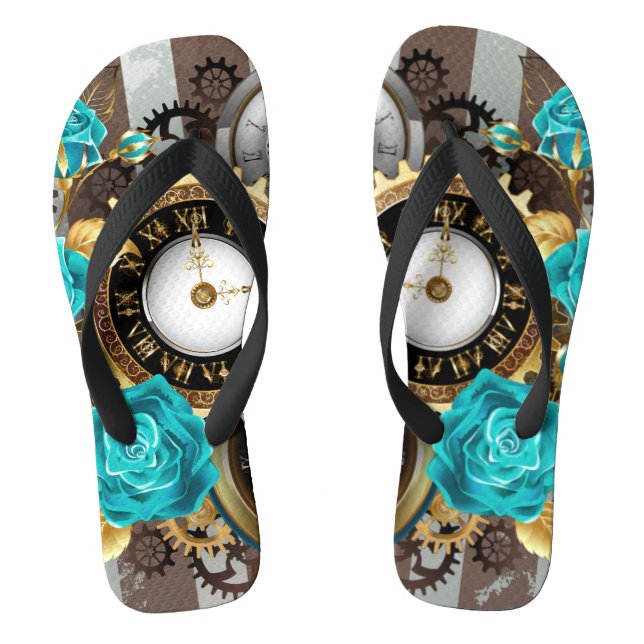 Tongs Steampunk Clock and Turquoise Roses on Striped (Semelle)