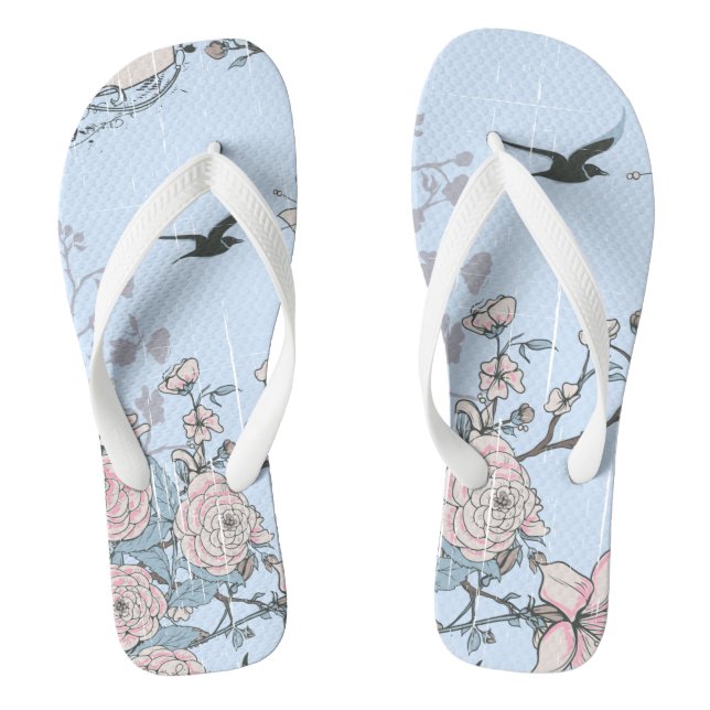 Tongs Style asiatique Pastel Pink Lys et Roses sur Blue (Semelle)