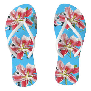Tongs Thongs pour dames fleurs florales bleues lily roug