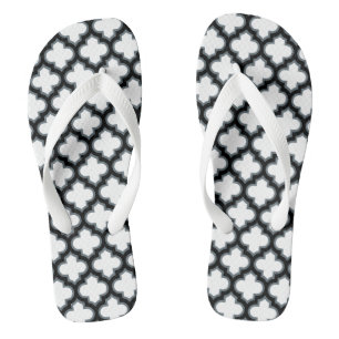 Tongs Trellis blanc et noir, treillis, Quatrefoil