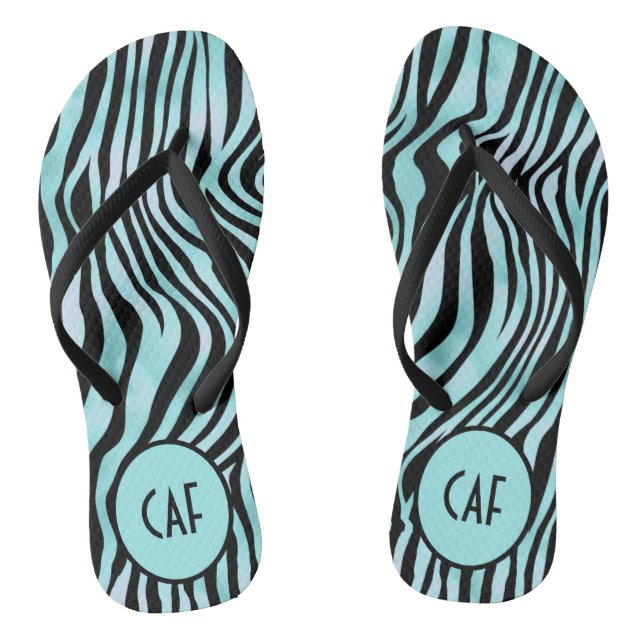 Tongs Turquoise Aqua Noir Imprimé Zèbre Monogramme (Semelle)