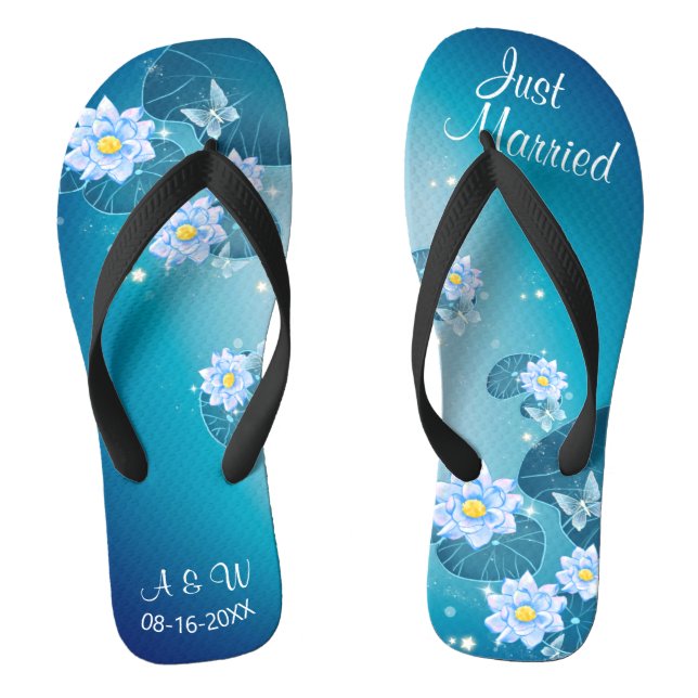 Tongs Turquoise Blue Floral Mariage Juste Marié (Semelle)
