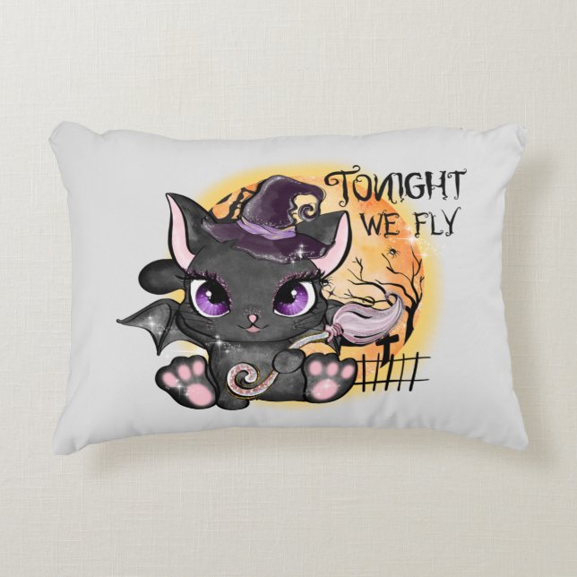 Tonight We Fly – Black Witch Cat Accent Pillow (Front)