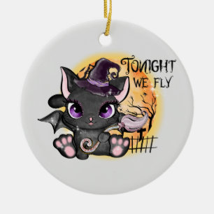 Tonight We Fly – Black Witch Cat Ceramic Ornament