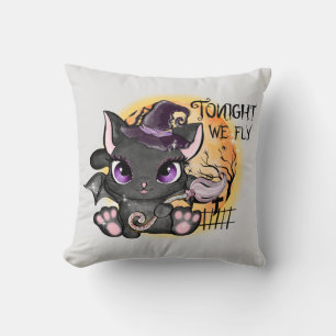 Tonight We Fly – Black Witch Cat Throw Pillow